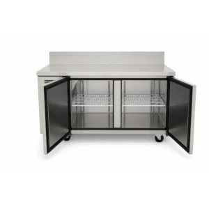 Bench freezer with self-closing doors and auto defrost