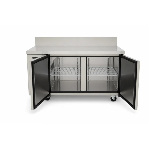 Bench freezer with self-closing doors and auto defrost