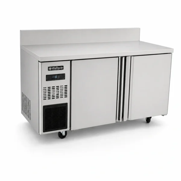 Stainless steel bench freezer with splashback for prep lines