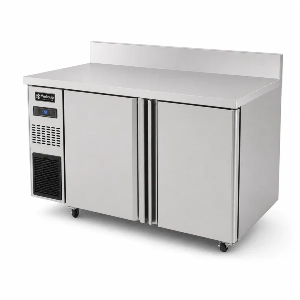 Commercial freezer with integrated worktop and splashback