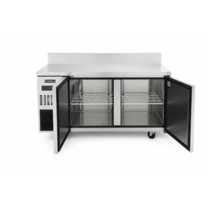 Bench freezer with self-closing doors and auto defrost