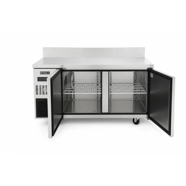 Bench freezer with self-closing doors and auto defrost