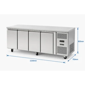 4 door commercial under bench freezer with stainless steel doors and showing overall dimensions