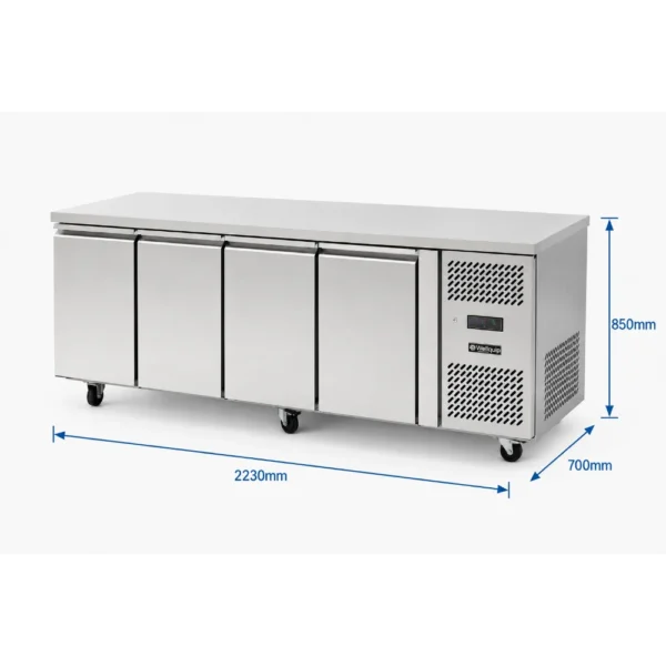 4 door commercial under bench freezer with stainless steel doors and showing overall dimensions