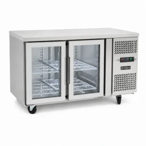 2 door commercial under bench fridge with double glazed glass doors and low running costs