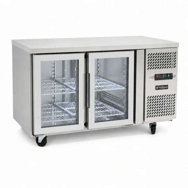 2 door commercial under bench fridge with double glazed glass doors and low running costs