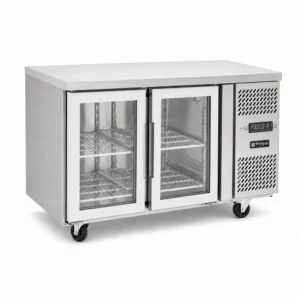 2 door commercial under bench fridge with double glazed glass doors and low running costs