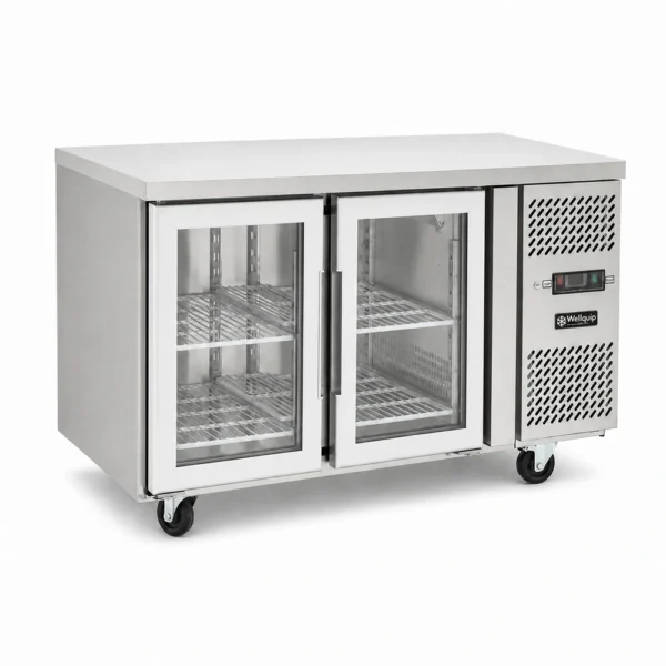 2 door commercial under bench fridge with double glazed glass doors and low running costs
