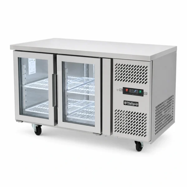 2 door commercial under bench fridge with double glazed glass doors and low running costs