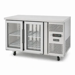 2 door commercial under bench fridge with double glazed glass doors and low running costs