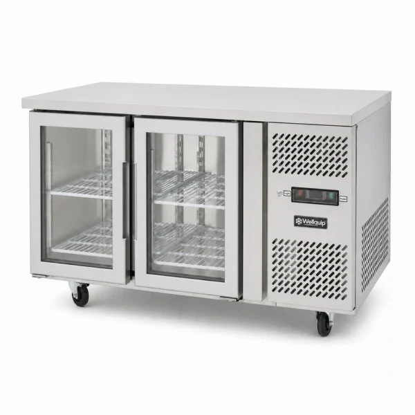 2 door commercial under bench fridge with double glazed glass doors and low running costs