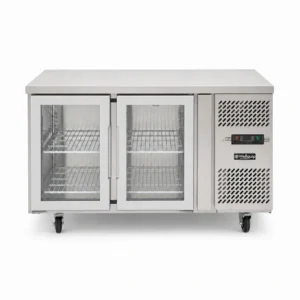 2 door commercial under bench fridge with double glazed glass doors and low running costs