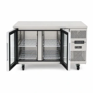 2 door commercial under bench fridge with double glazed glass doors and low running costs, shown with doors open