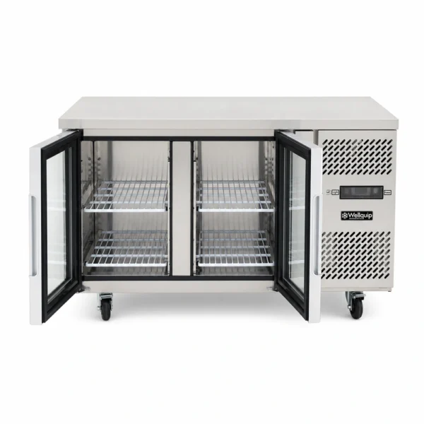 2 door commercial under bench fridge with double glazed glass doors and low running costs, shown with doors open