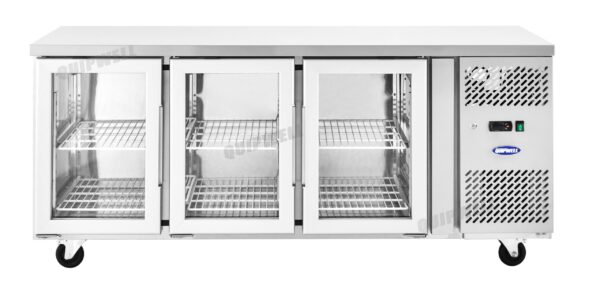 3-door commercial under bench fridge with double glazed glass doors and low running costs