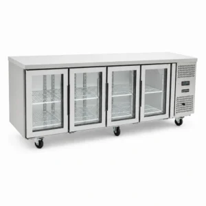 4 door under bench fridge with glass doors, 560L capacity, fan-forced cooling and low energy usage