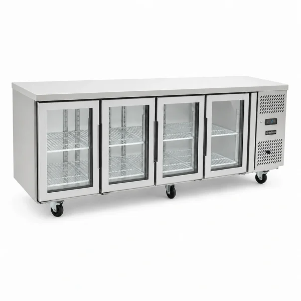 4 door under bench fridge with glass doors, 560L capacity, fan-forced cooling and low energy usage