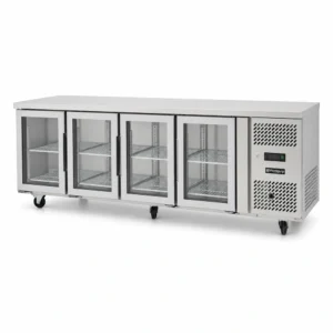 4 door under bench fridge with glass doors, 560L capacity, fan-forced cooling and low energy usage