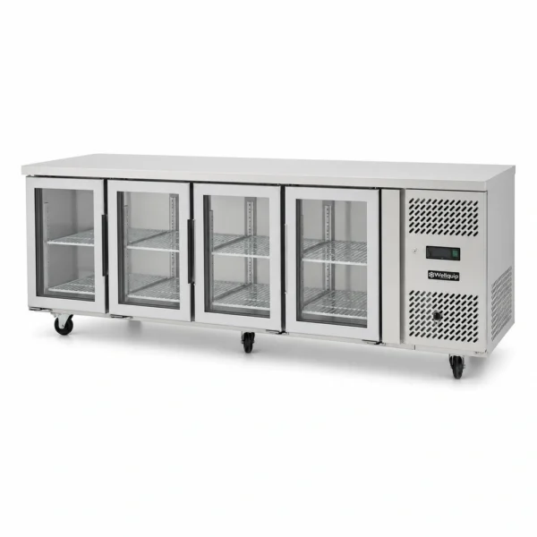 WGA56_Front-right with doors closed 4 door under bench fridge with glass doors, 560L capacity, fan-forced cooling and low energy usage