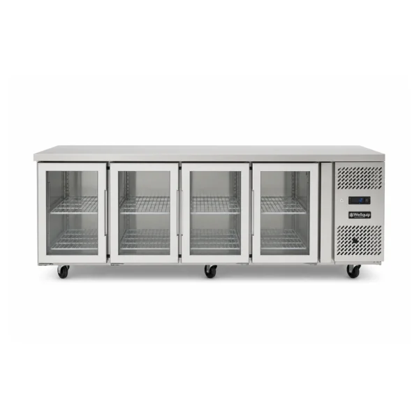 4 door under bench fridge with glass doors, 560L capacity, fan-forced cooling and low energy usage