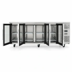 4 door under bench fridge with glass doors, 560L capacity, fan-forced cooling and low energy usage, shown with doors open