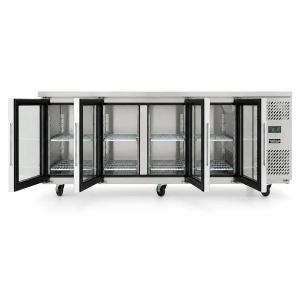 4 door under bench fridge with glass doors, 560L capacity, fan-forced cooling and low energy usage, shown with doors open