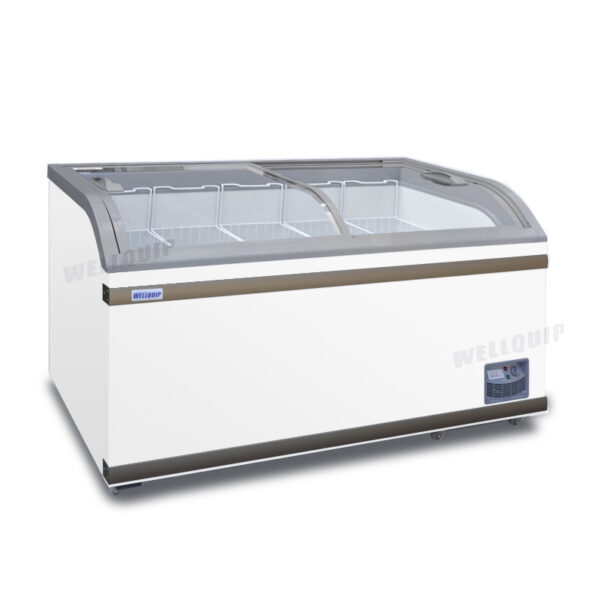 Energy-efficient glass display chest freezer with 500L capacity, LED lighting and curved sliding doors