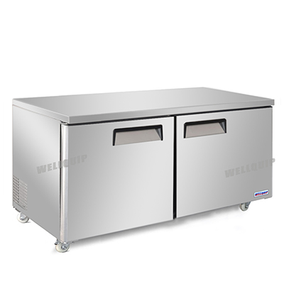 2-door commercial bench freezer with integrated benchtop, stainless steel doors and low running costs