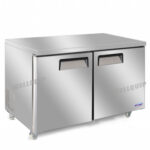 2-door commercial bench freezer with integrated benchtop, stainless steel doors and low running costs
