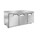 3-door commercial bench fridge with integrated benchtop, stainless steel doors and low running costs
