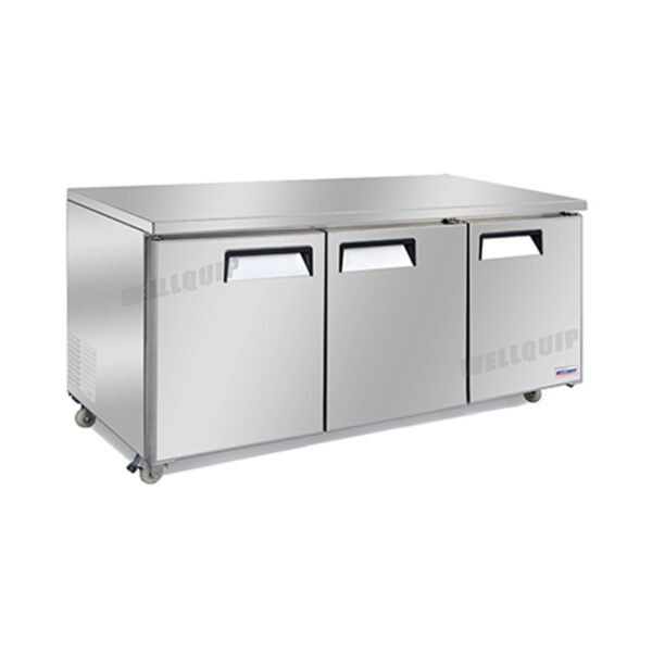 3-door commercial bench fridge with integrated benchtop, stainless steel doors and low running costs