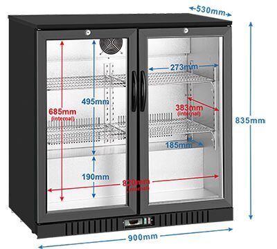 2-door commercial bar fridge with glass doors and LED lighting