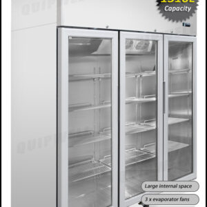 Energy-efficient upright display fridge with 1400L capacity, fan-forced cooling and adjustable shelves