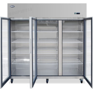 Energy-efficient upright display fridge with 1300L capacity, fan-forced cooling and adjustable shelves