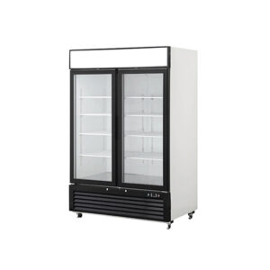 2-door commercial upright display fridge with sliding glass doors and LED lighting
