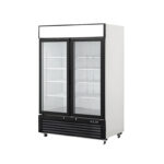 2-door commercial upright display fridge with glass doors and LED lighting