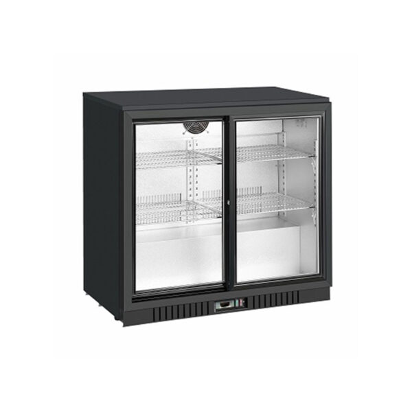 2-door commercial bar fridge with glass doors and LED lighting