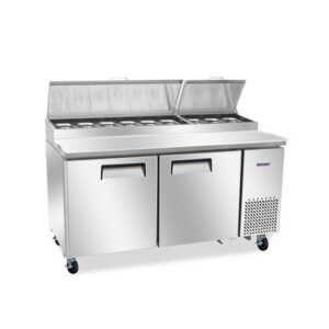 commercial pizza prep fridge with stainless steel GN pans