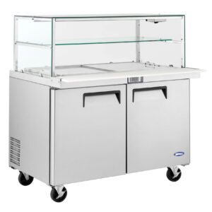 commercial mega salad prep fridge with glass display and stainless steel GN pans