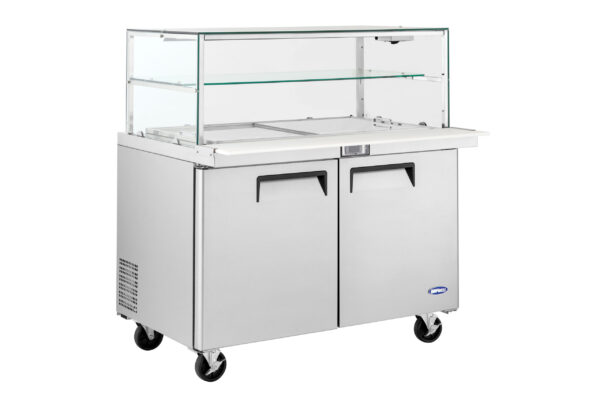 commercial mega salad prep fridge with glass display and stainless steel GN pans