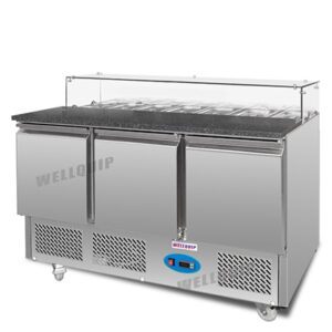 commercial saladette prep fridge with stainless steel GN pans