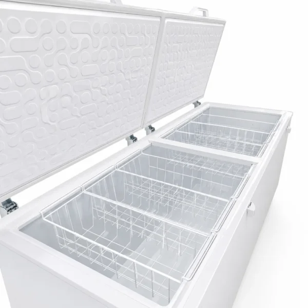Storage chest freezer with open doors showing wire-frame baskets and 1000l capacity