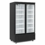 Energy-efficient upright display fridge with 1100L capacity, fan-forced cooling and adjustable shelves