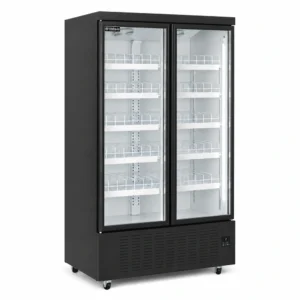 Energy-efficient upright display fridge with 1100L capacity, fan-forced cooling and adjustable shelves