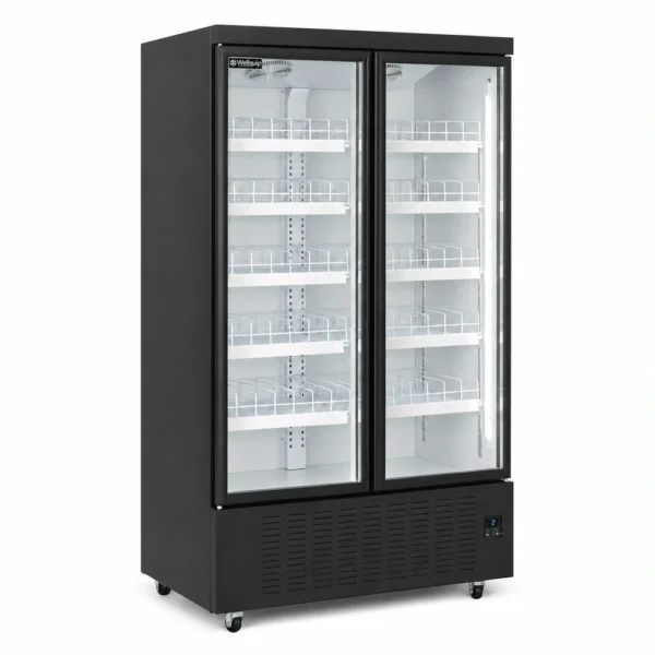 FA2X_Front-left with doors closed Energy-efficient upright display fridge with 1100L capacity, fan-forced cooling and adjustable shelves