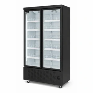 Energy-efficient upright display fridge with 1100L capacity, fan-forced cooling and adjustable shelves