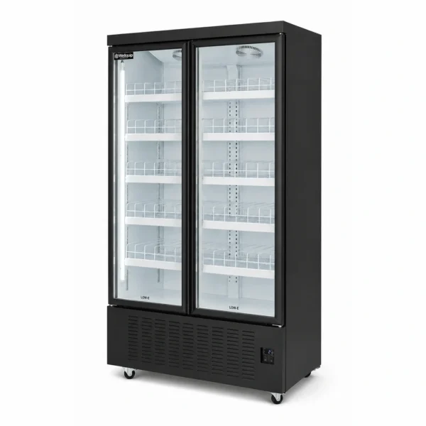 Energy-efficient upright display fridge with 1100L capacity, fan-forced cooling and adjustable shelves