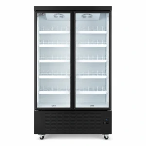 Energy-efficient upright display fridge with 1100L capacity, fan-forced cooling and adjustable shelves