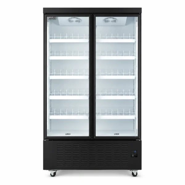 Energy-efficient upright display fridge with 1100L capacity, fan-forced cooling and adjustable shelves