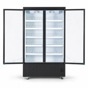 Energy-efficient upright display fridge with 1100L capacity, fan-forced cooling and adjustable shelves